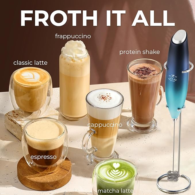 Zulay Kitchen Powerful Milk Frother Wand With Duracell Batteries - Ultra Fast Handheld Drink Mixer - Electric Whisk Foam Maker for Coffee, Lattes, Cappuccino & Matcha - Triple Whisk - Ocean Depth