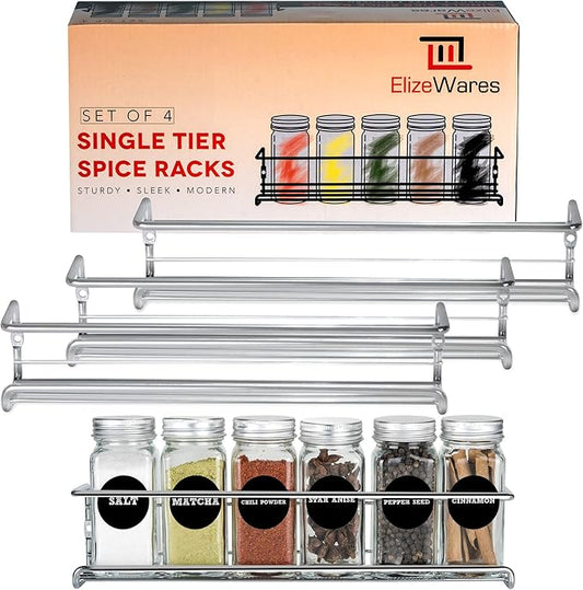Wall Mount Spice Rack Organizer for Cabinet Door - Set of 4 Hanging Spice Shelves in Chrome- 11.5 x 2.5 x 2.5 Inches.