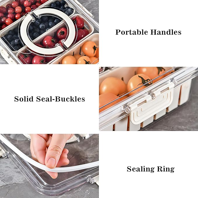 2Pack Divided Veggie Tray with Lid and Handle 4 Compartment Serving Tray with Dividers Portable Travel Snack Storage Containers Stackable Snackle Box Charcuterie Container for Fruit,Vegetable,Salad