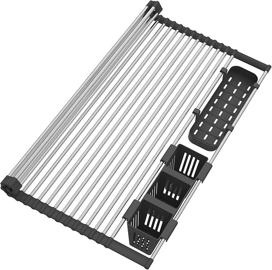 Extra Large Black Expandable Roll Up Dish Drying Rack Up to 25.1''with 2 Storage
