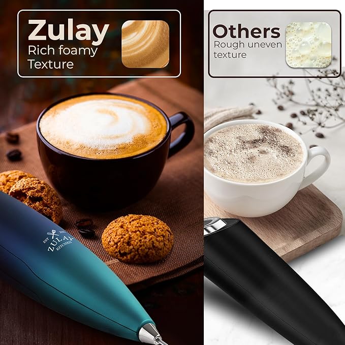 Zulay Kitchen Powerful Milk Frother Wand With Duracell Batteries - Ultra Fast Handheld Drink Mixer - Electric Whisk Foam Maker for Coffee, Lattes, Cappuccino & Matcha - Triple Whisk - Ocean Depth