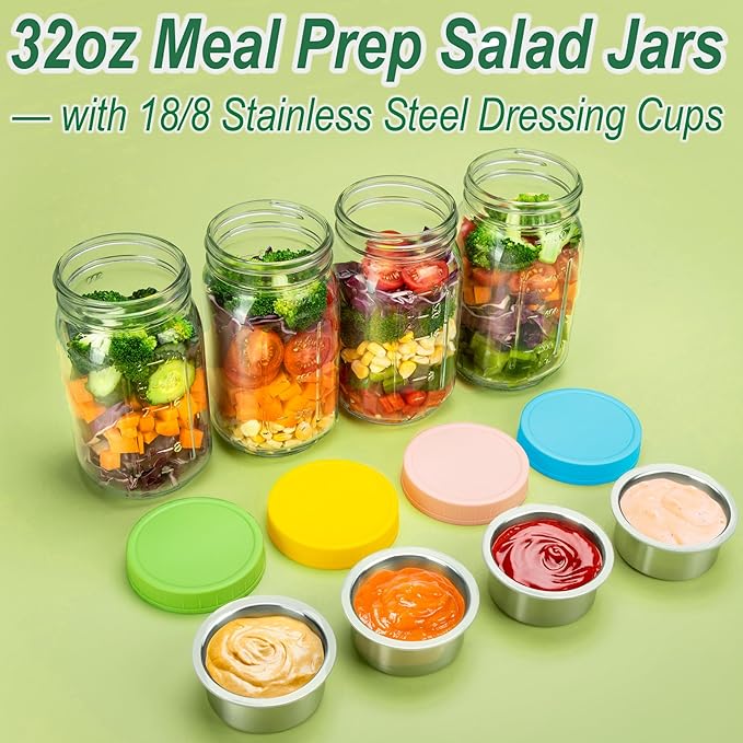 KTKUDY 6 Pack 32 oz Glass Salad Jars with Dressing Cups (Pod) - Meal Prep Salad Container for Lunch - Leakproof Mason Jars with Lids