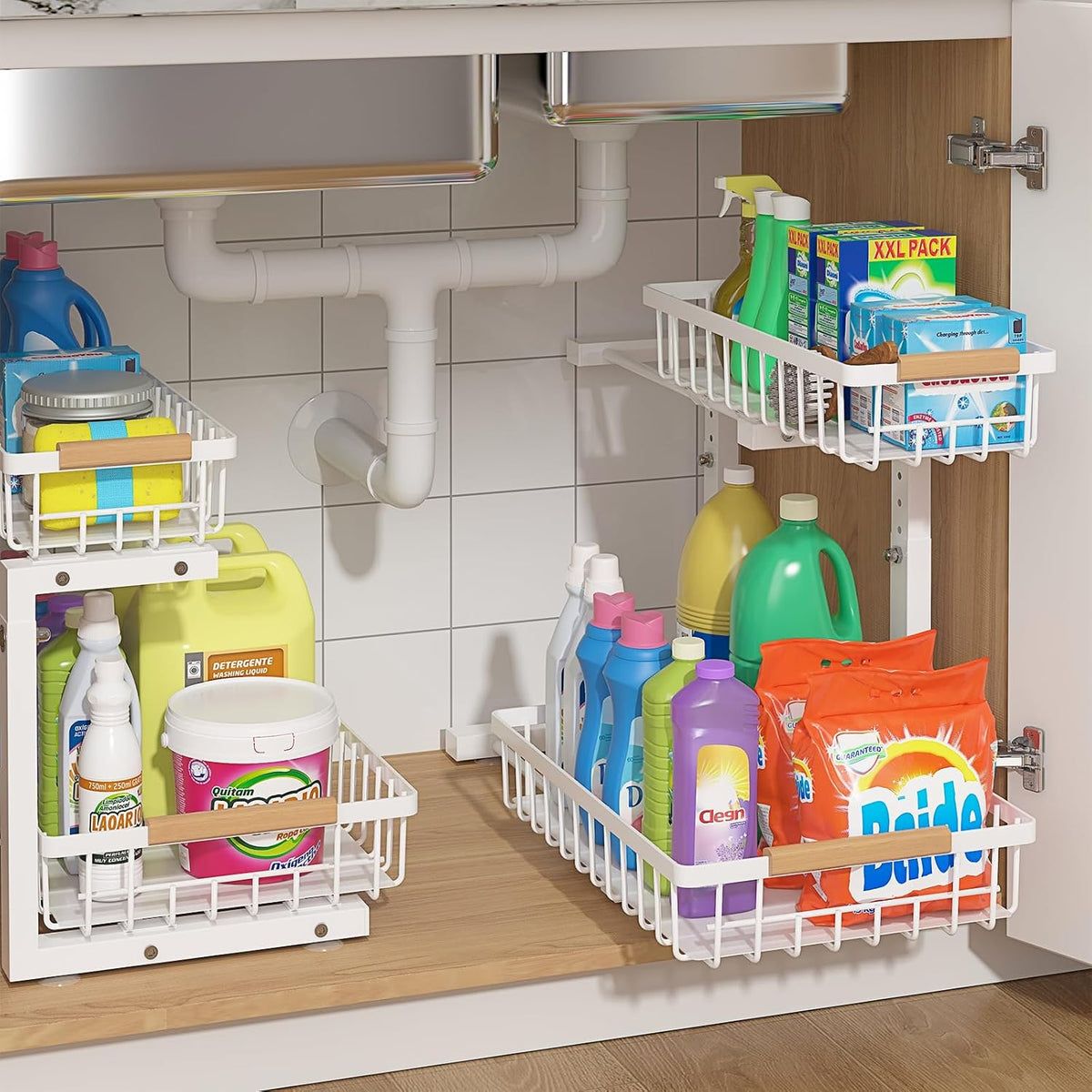 Under Sink Organizer 2 Packs, Pull Out Kitchen Sink Organizer, 2 Tier Slide Out Kitchen Organizers and Storage Bathroom Under Cabinet Storage Shelf, White