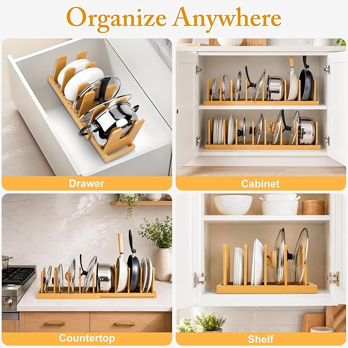 MinBoo Bamboo Expandable Pot Lid Organizer, Pot and Pan Organizer Drawer Organizer for Pot Lids, Adjustable 10 U-Shaped Dividers for Kitchen Cabinet Organizers and Storage (Bamboo-1)