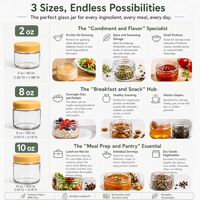 EONJOE 2 oz Glass Jars with Lids Dressing Containers Sauce Cups Mini Condiment Dip Jars To Go Lunch Accessories,12-Pack