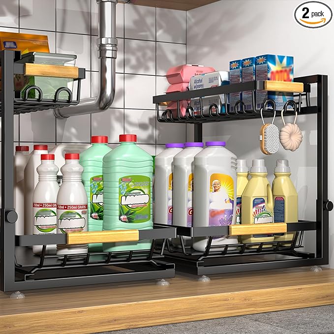 Sevenblue 2 Packs Under Sink Organizer, Height Adjustable 2 Tier Under Kitchen Sink Organizer, Multi-Purpose Storage Shelf for Kitchen Bathroom Cabinet