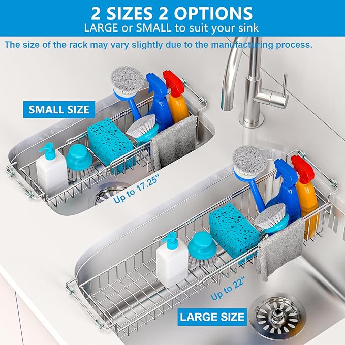 Dish Stands, Over The Kitchen Sink Caddy Sponge Holder Organizer Drying Rack Expandable for Sponge Brush Soap Dish Cloth Rag Smaller 12.25" to 17.25", Stainless Steel