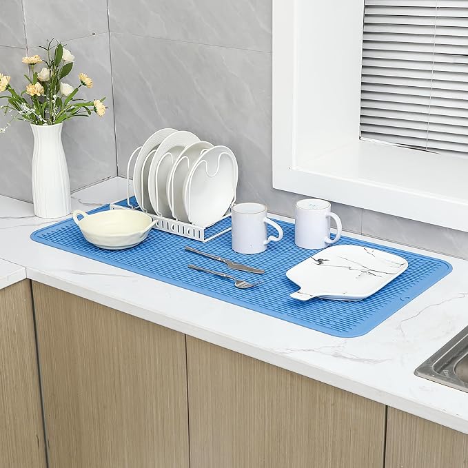 MicoYang Silicone Dish Drying Mat for Multiple Usage,Easy clean,Eco-friendly,Heat-resistant Silicone Mat for Kitchen Counter or Sink,Refrigerator or Drawer Liner Lichen BlueL 5XL 36inches x 18inches