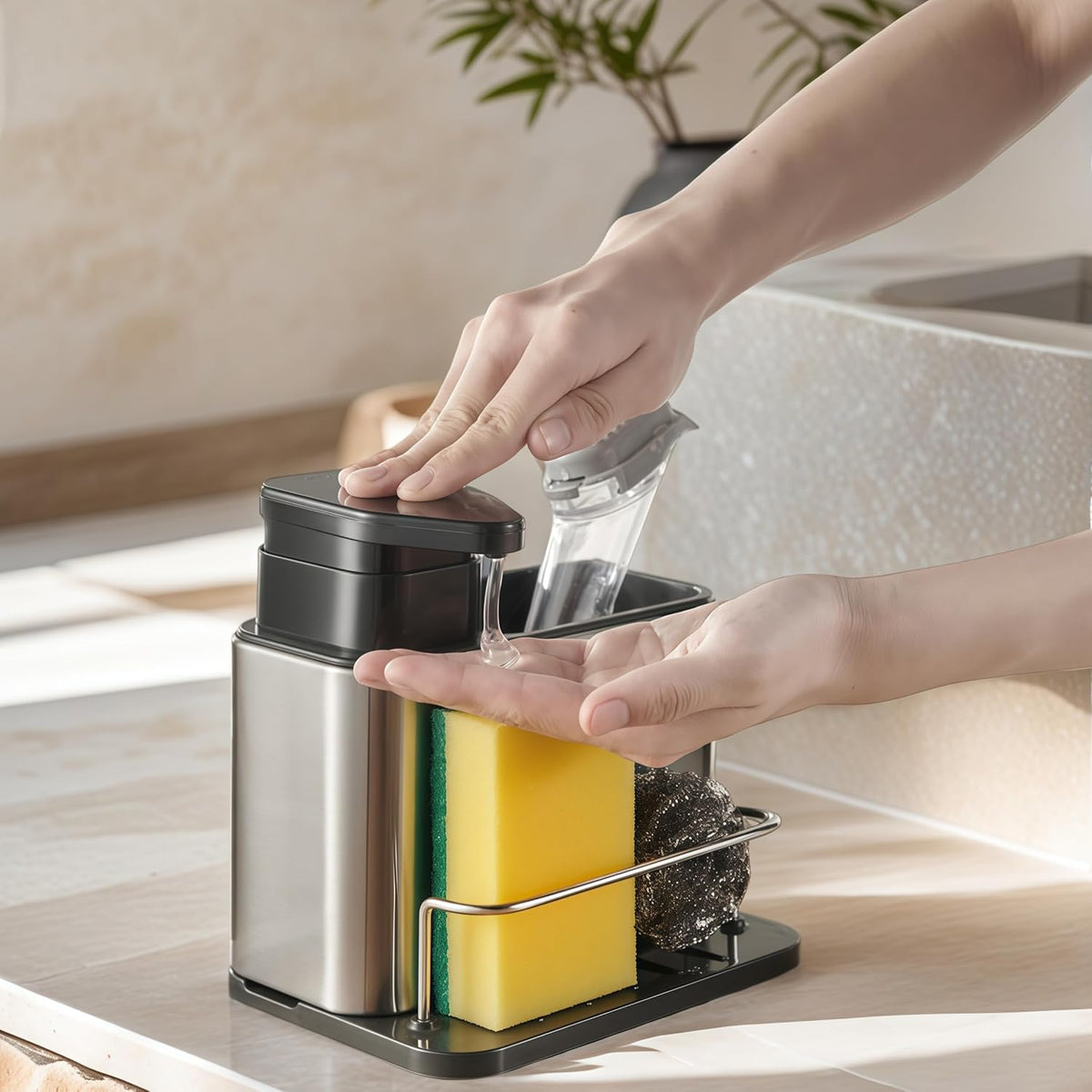 3-in-1 Kitchen Sink Caddy,Dish Soap Dispenser with Sponge Holder