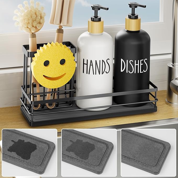 Moforoco Kitchen Dish Soap Dispenser Set, 16OZ Glass Bottle, Hand and Dish Soap Dispenser Set, Instant Dry Tray, Brush Holder with Smiley Face Sponge Holder (Black Tray+Black&White Bottle)