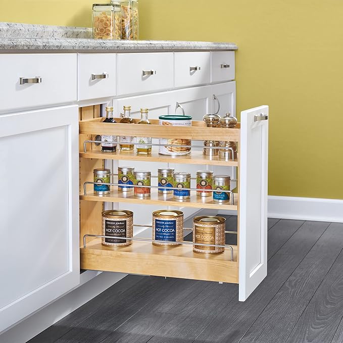 Rev-A-Shelf Maple Wood Door/Drawer Pullout Organizer w/Blum Soft-Close for Full-Height Base Cabinets, Full Extension Slides & Adjustable Shelves, Min Opening Width of 8.5", 448-BDDSC-8C