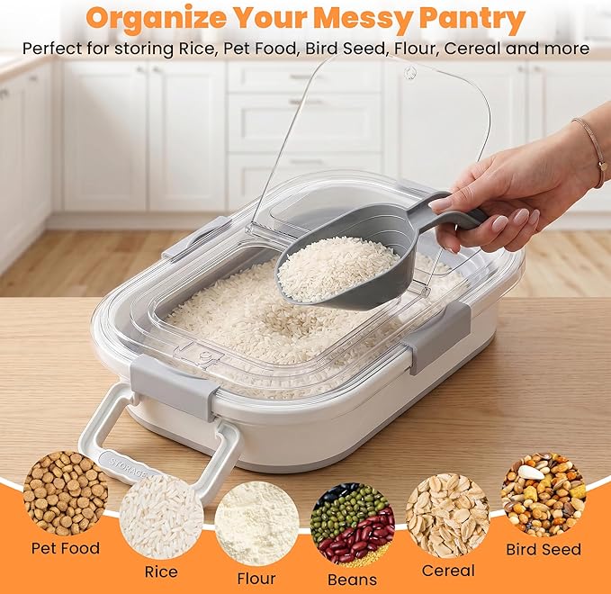 30 Lbs Rice Storage Container with Wheels, Collapsible Airtight Food Storage Container with Transparent Lid, Measuring Cup, Scoop, Handle, BPA Free Rice Holder for Pet Food, Grain, and Bird Seed
