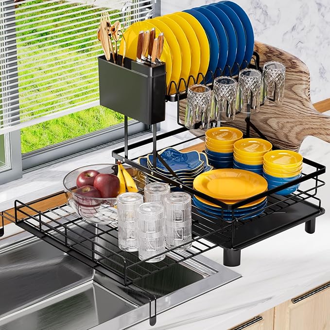 2 Tier Dish Drying Rack - Expandable Dish Rack Over Sink, 304 Stainless Steel Dish Rack for Kitchen Counter, Dish Drainer w Utensil Holder, Drainboard & Cups Holder, Anti-Rust & Space Saving