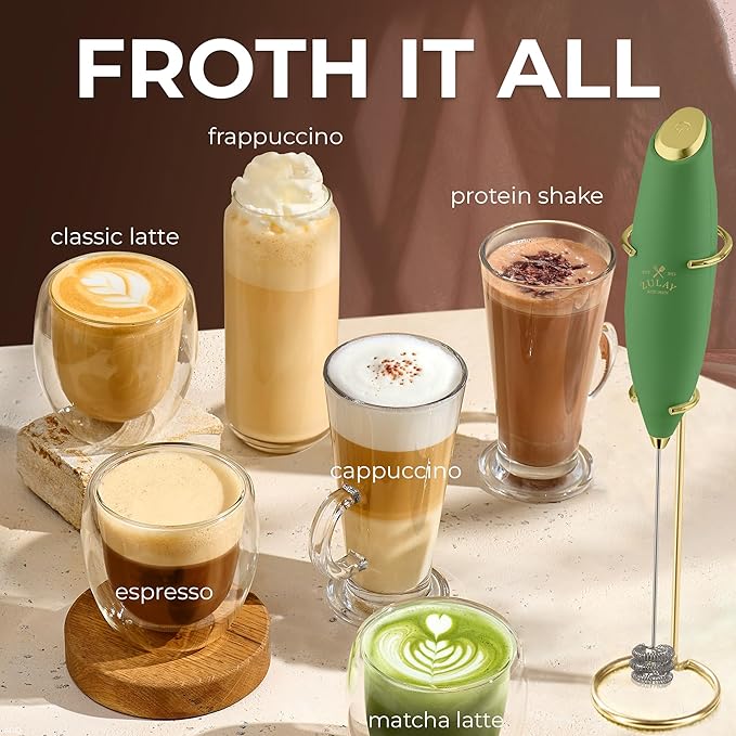Zulay Kitchen Powerful Milk Frother Wand With Duracell Batteries - Ultra Fast Handheld Drink Mixer - Electric Whisk Foam Maker for Coffee, Lattes, Cappuccino & Matcha - Triple Whisk - Olive Gold