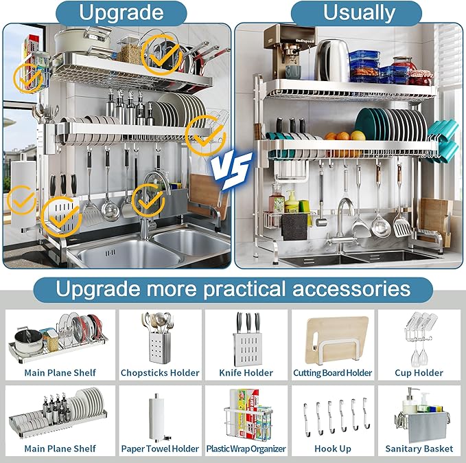 LIVOD Over The Sink Dish Drying Rack,3 Tier Adjustable Length Full Stainless Steel Large Storage Kitchen Dish Rack,for Kitchen Counter Expandable Multifunctional Organizers,Silver (25.98-37.6")