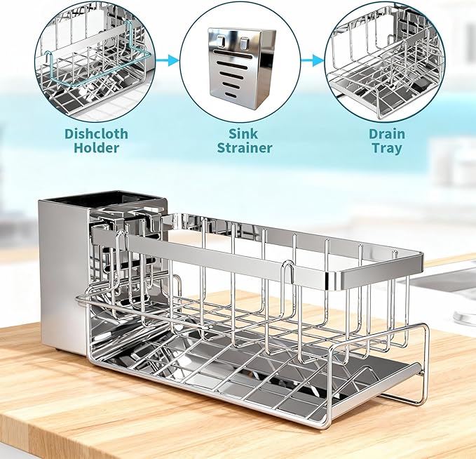 HoMaNa Sponge Holder for Kitchen Sink, Stainless Steel Sink Caddy Organizer, 30° Tilt Self-Drainage, Sponge Holder with Dish Brush Holder, Removable Dishcloth Rack for Kitchen Storage Box, Silver