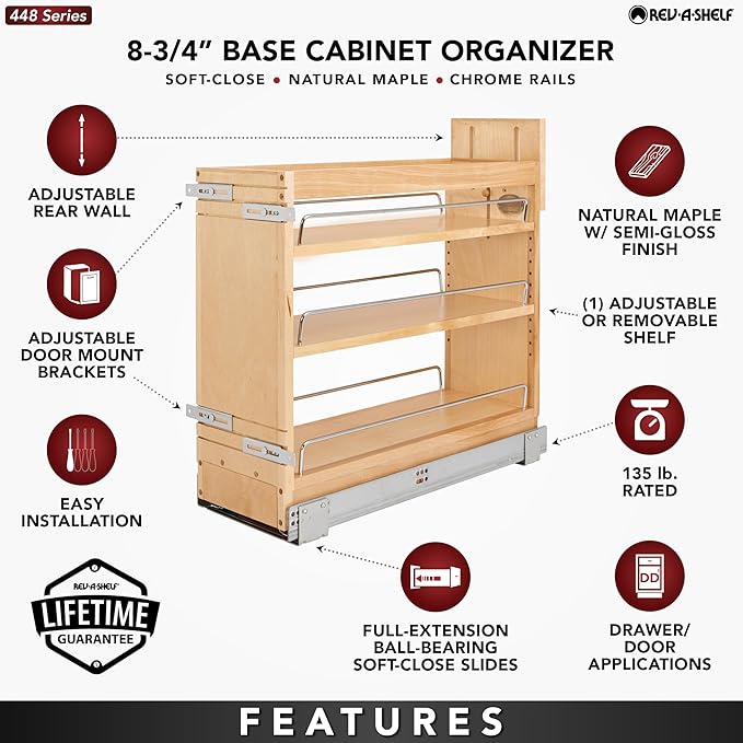 Rev-A-Shelf Maple Wood Door/Drawer Pullout Organizer w/Blum Soft-Close for Full-Height Base Cabinets, Full Extension Slides & Adjustable Shelves, Min Opening Width of 8.5", 448-BDDSC-8C