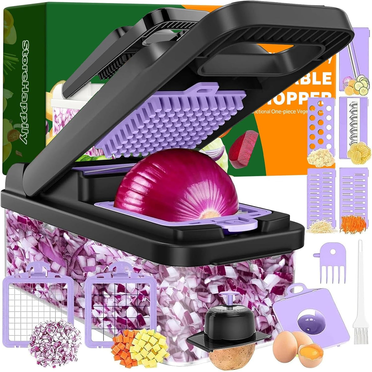 12-in-1 Vegetable Chopper 7 Blades, Veggie Cutter with Handle, Black/Purple