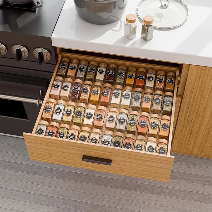 LETGO 4 Pack Adjustable Spice Rack for Drawer- Expandable From 11" to 22" Expandable Spice Drawer Organizer 4 Tiers Acrylic Seasoning Organizer Rack,Clear Spice Rack Tray for Spices,Condiment (4)