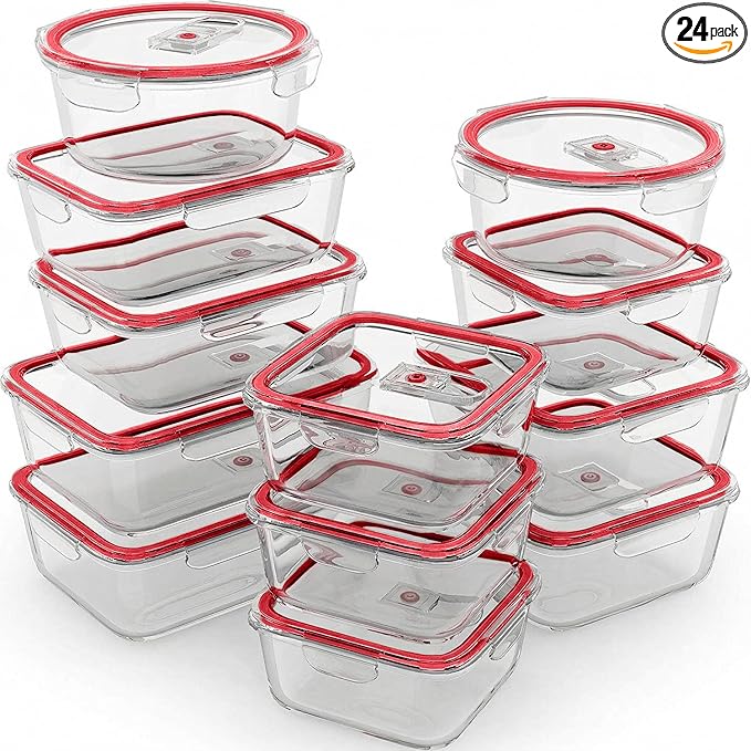 Razab 24 Pc Airtight Glass Food Storage Containers - Glass Meal Prep Containers - Freezer to Oven Safe - Steam Release Valve BPA Free - Airtight Bento Boxes - Leak Proof (12 lids & 12 Containers)