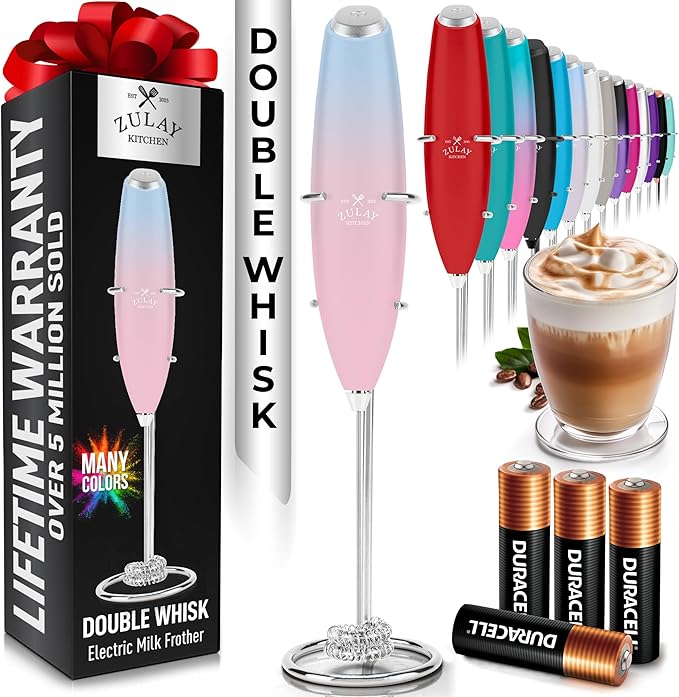 Zulay Kitchen Powerful Milk Frother Wand With Duracell Batteries - Ultra Fast Handheld Drink Mixer - Electric Whisk Foam Maker for Coffee, Lattes, Cappuccino & Matcha - Double Whisk - Lavender
