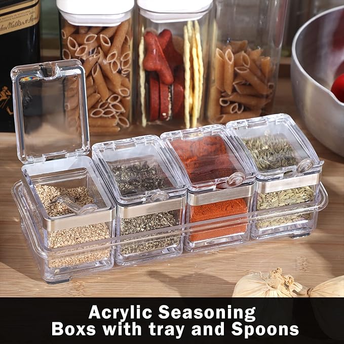 2 Set Acrylic Seasoning Organizer Box 10 x 4 x 3.2 in 8 Clear Seasoning Rack Spice Pot Condiment Container with Lid and Spoon Storage Container Spice Jar for Sugar Salt Kitchen Cooking Organizer