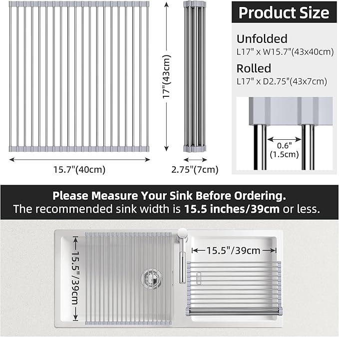 Roll Up Dish Drying Rack Over Sink, 17" x 15.7", Stainless Steel with Non-Slip Silicone Ends, Gray