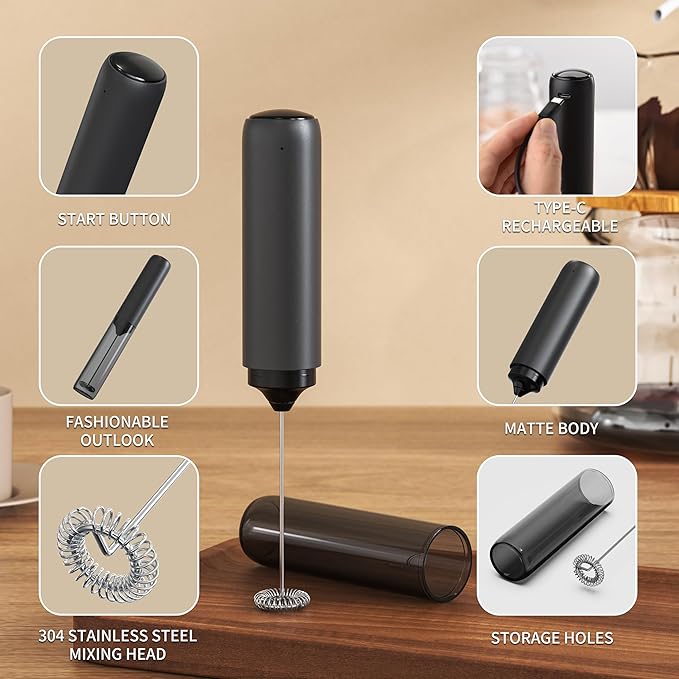 Rechargeable Milk Frother Handheld with Cover Electric Handheld Foam Maker Portable Drink Mixers for Matcha,Lattes and Cappuccino, Black