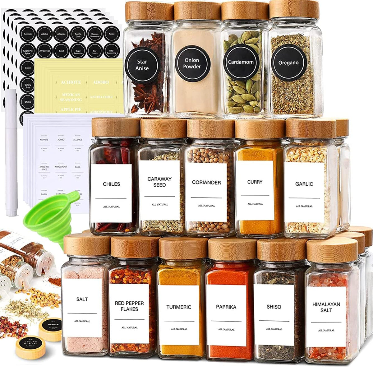 24-Piece Spice Jars Set: Glass Jars with Bamboo Lids, Labels & Funnel, Airtight Kitchen Storage