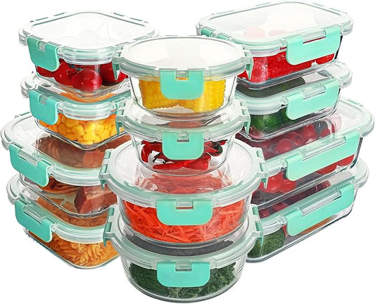 12 Pack Glass Food Storage Containers Set, Glass Meal Prep Containers with Lids, Airtight Lunch Containers, Dishwasher Safe, mint green