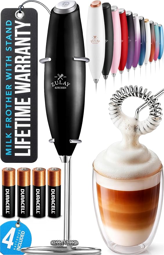 Zulay Kitchen Powerful Milk Frother Wand With Duracell Batteries - Ultra Fast Handheld Drink Mixer - Electric Whisk Foam Maker for Coffee, Lattes, Cappuccino & Matcha - Z1 Motor - Metallic Black