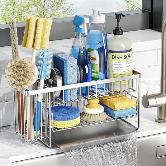 Cisily Silver 2-Tier Kitchen Sink Caddy Organzier Rack with Flexible Dish Brush