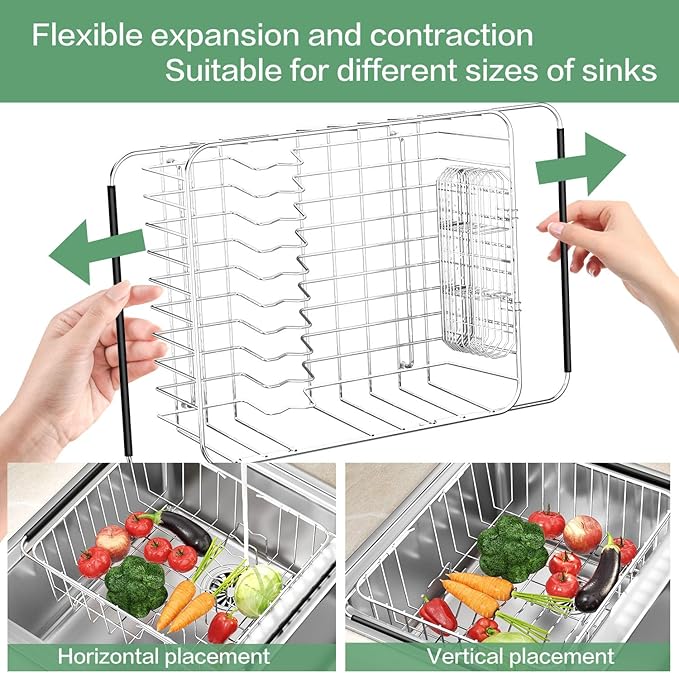 Fanbsy Large Dish Drainer Rack in Sink Adjustable, Expandable 304 Stainless Steel Metal Dish Drying Rack Organizer with Stainless Steel Utensil Holder Over Inside Sink Counter, Rustproof