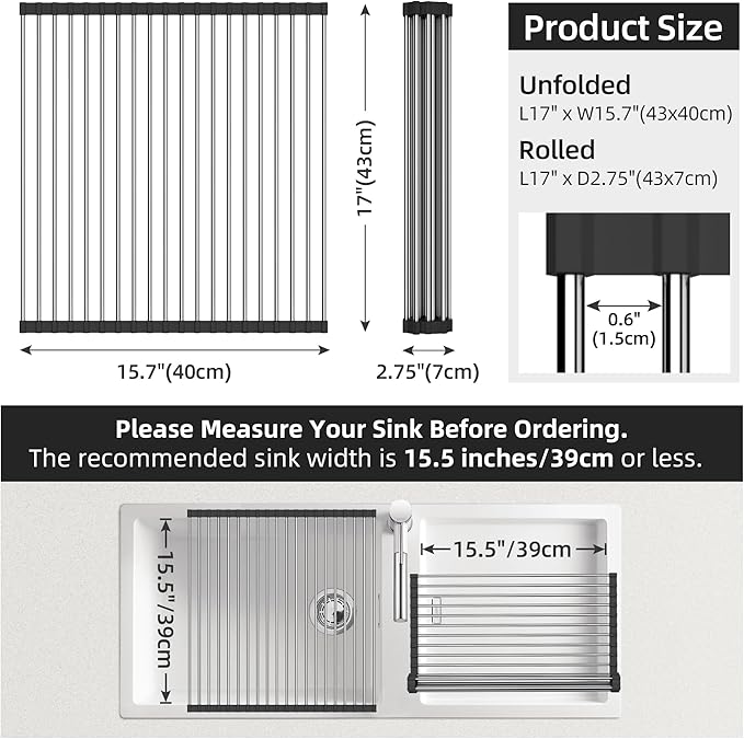 Dish Drying Rack, Roll Up Dish Drying Rack Over The Sink, 17" x 15.7", Dish Racks for Kitchen Counter, Black