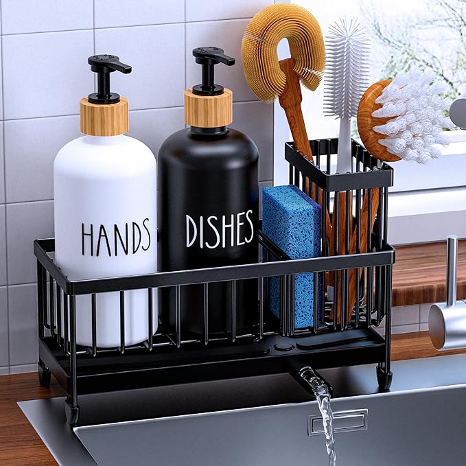 Cisily Kitchen Soap Dispenser Set with Sink Caddy, Glass Bottle, Hand and Dish Soap Dispenser Set with Sponge Holder (Black & White Round Bottles + Black Sponge Holder)