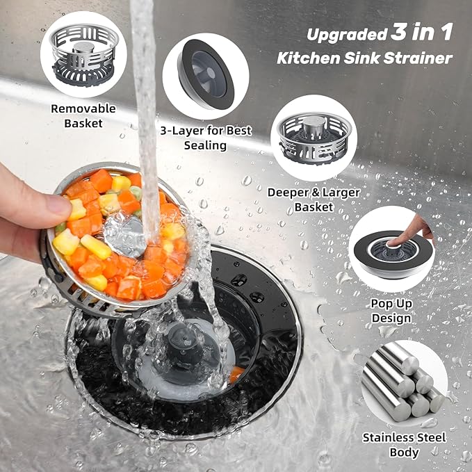 Hibbent Upgraded 2 Pack 3 in 1 Kitchen Sink Drain Strainer, Stainless Steel Pop Up Sink Stopper, Larger Anti-Clogging Basket, 3-Layer Seal, Detachable Plug for US Standard 3-1/2" Drain, Matte Black