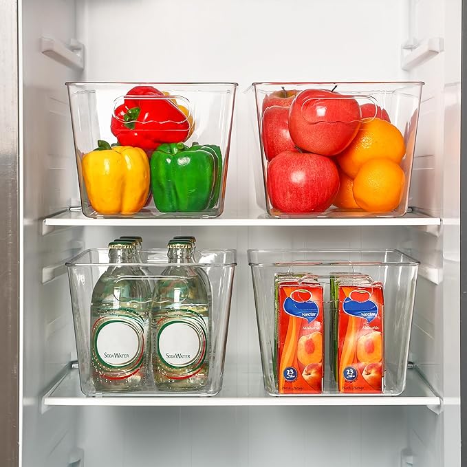 Vtopmart Clear Plastic Pantry Organizer Bins, 4 PCS Food Storage Bins with Handle for Refrigerator, Fridge, Cabinet, Kitchen, Countertops, Cupboard, Freezer Organization and Storage, BPA Free, Large