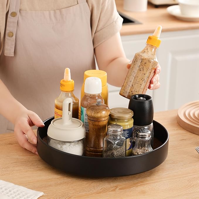 Non-Slip Rotating Lazy Susan Turntable, 360-Degree Swivel, Black with Textured Surface (Black, 10inches+12inches)