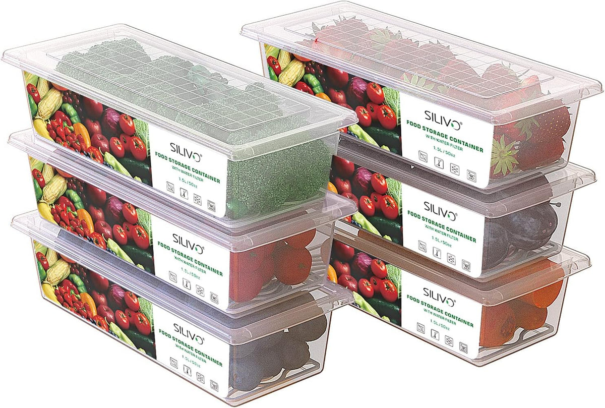 6 Pack 1.5L Fruit Storage Containers for Fridge with Removable Drain Tray
