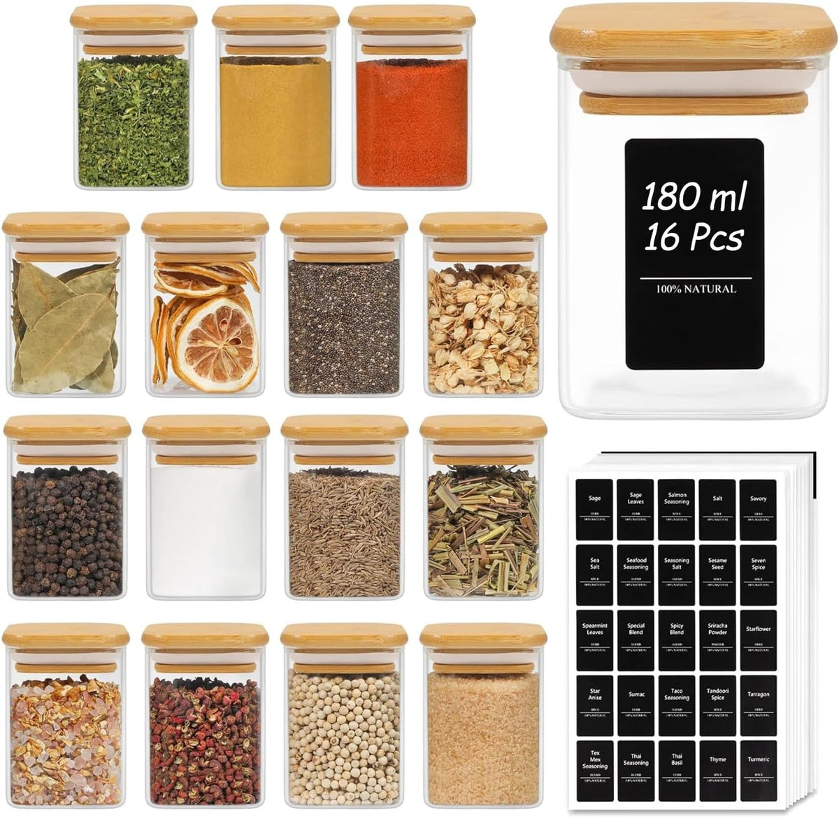 Square Glass Spice Jars with Labels 6 oz 16 Pack with Bamboo Lids