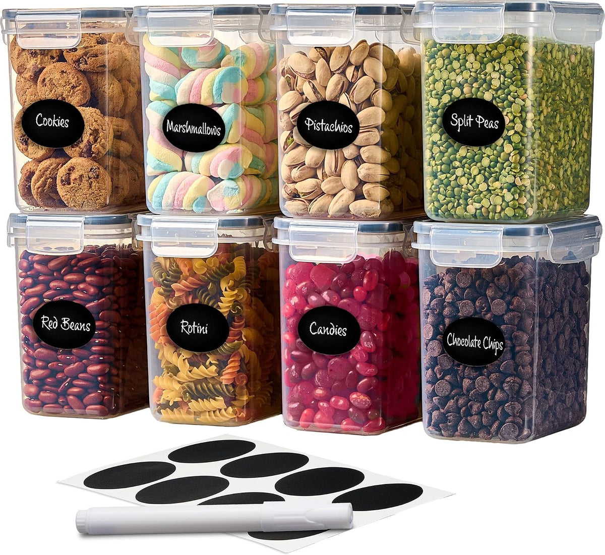 Airtight Food Storage Container Set - 8 Pieces 1.4L - Plastic BPA Free Kitchen Pantry Storage Containers with Lids - Dishwasher Safe - Include 8 Labels - Keeps Food Fresh & Dry