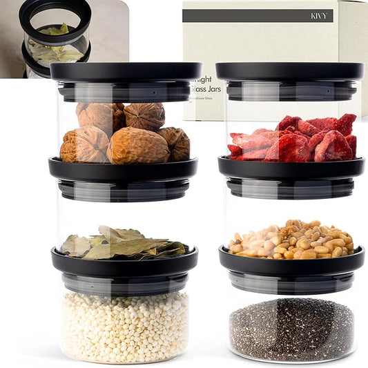 Glass spice jars transparent Glass Lid [6x 12oz] Stackable & Airtight small