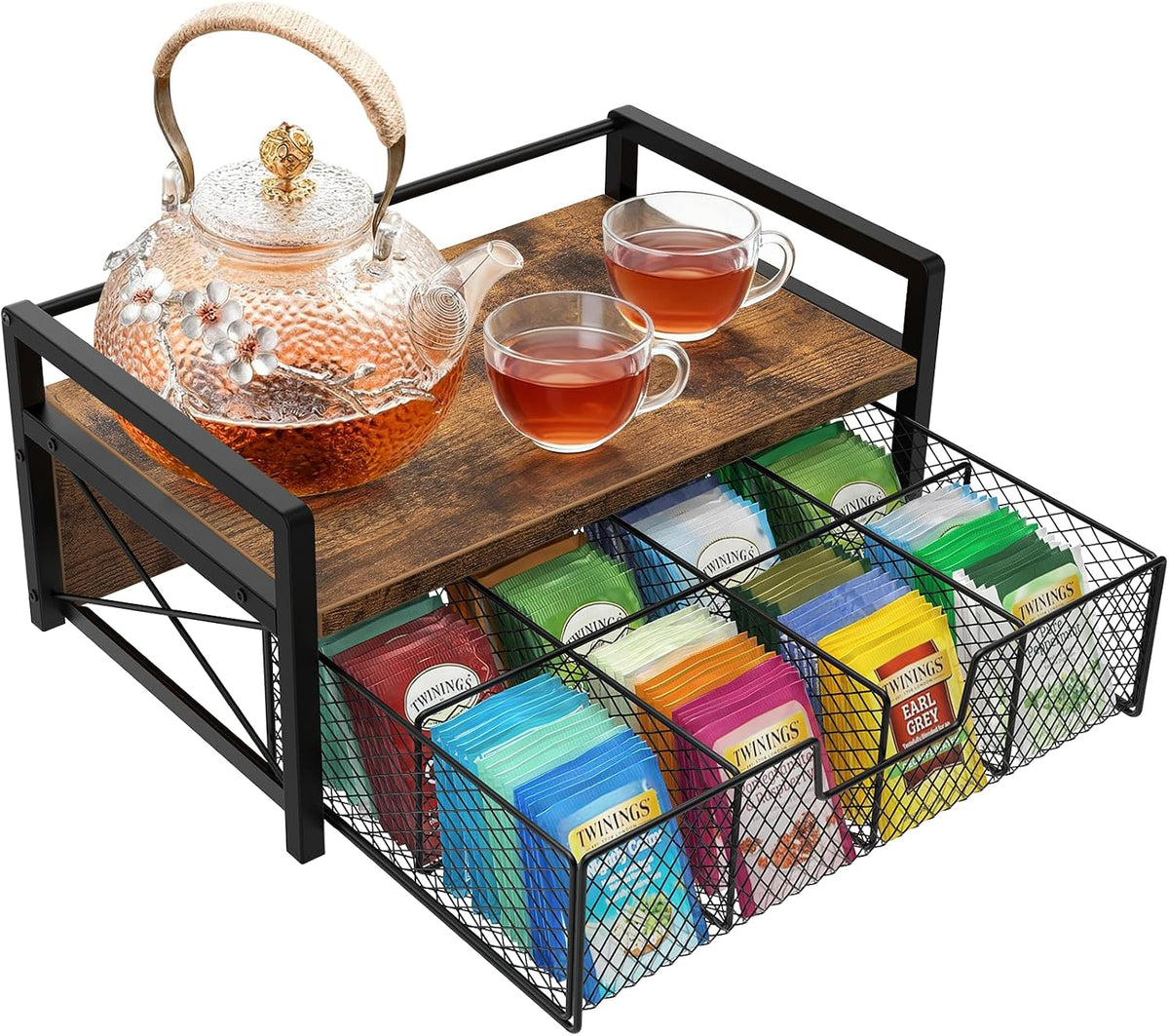 Tea Bag Organizer with Drawer, Tea Caddy for Countertop, Rustic