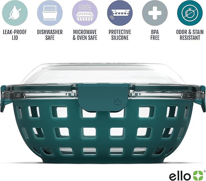 Ello DuraGlass Food Storage Glass Lunch Bowl Container - Meal Prep Container with Silicone Sleeve and Airtight Lid, 5 Cup, Teal