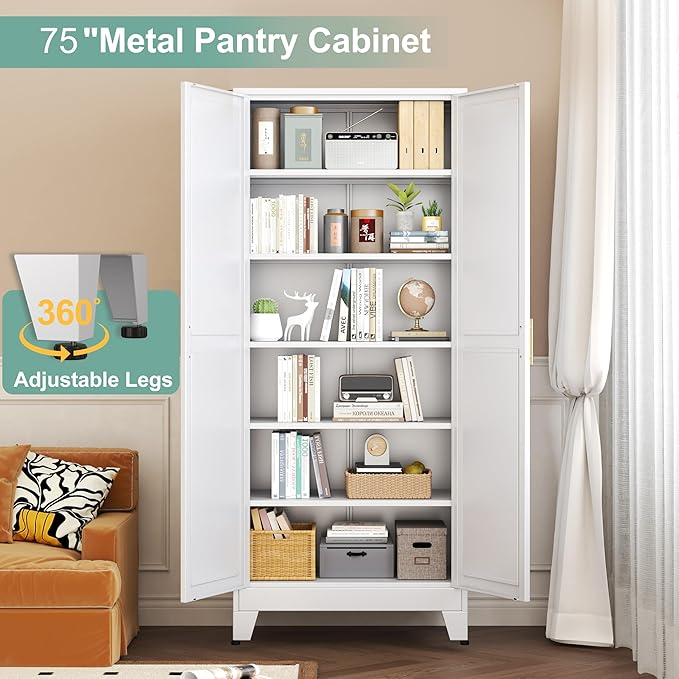 Metal Pantry Cabinet with 2 Doors and 5 Adjustable Shelves, 75"Kitchen Storage cabinets with Gold Handles, Versatile Storage for Laundry Room, Living Room, Bathroom, Dinning Room, Utility Room-White