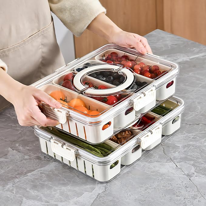 Divided Veggie Tray with Lid and Handle 4 Compartment Serving Tray Portable Travel Snack Storage Containers Stackable Snackle Box Charcuterie Container for Fruit,Vegetable,Salad
