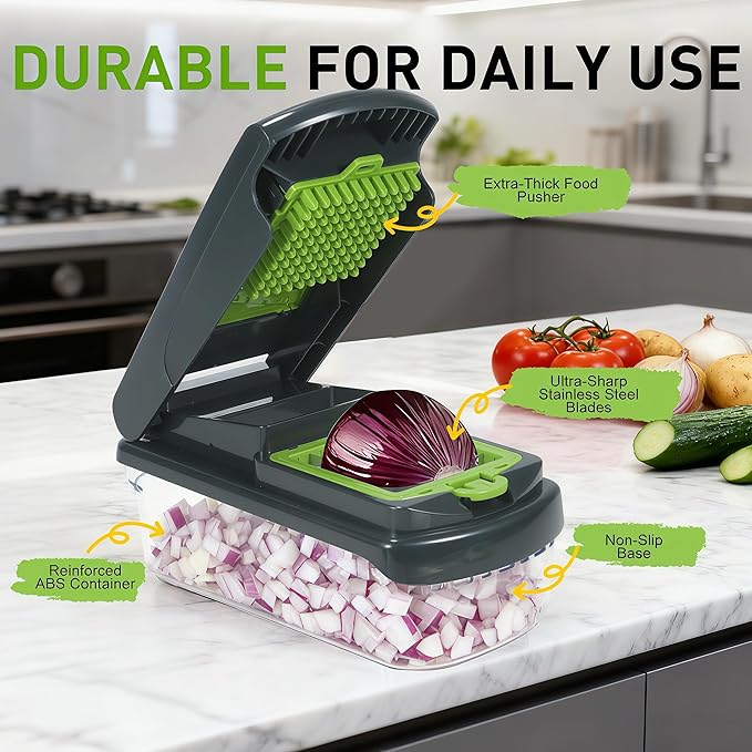 Mandoline Slicer for Kitchen, Vegetable Chopper with Adjustable Stainless Steel Blades, Fruit Slicer & Food Cutter for Potato, Onion, Cucumber, Carrot and Meal Prep, Easy to Clean