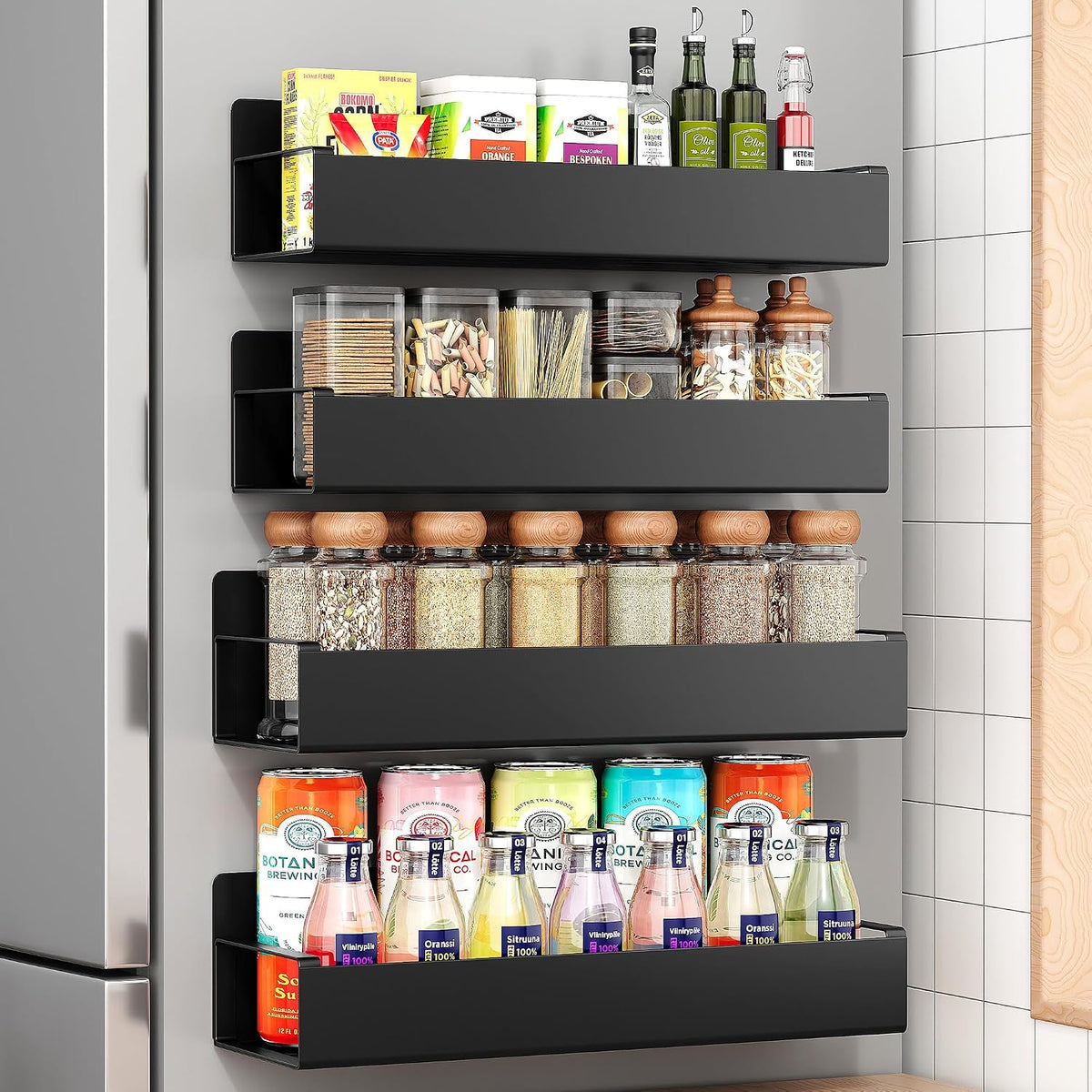 4 Pack Moveable Fridge Magnetic Spice Racks,Metal Black