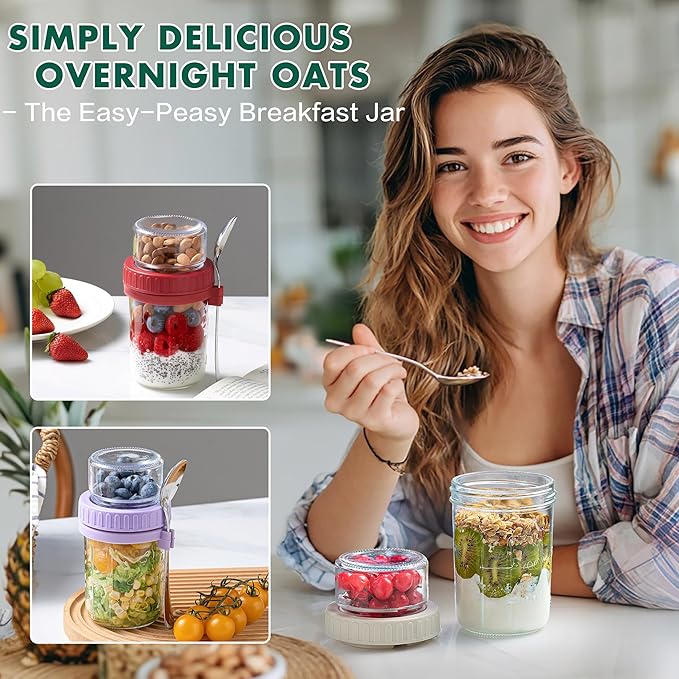 Danmu 4 Pack Overnight Oats Containers with Lids 21 oz (16+5),Dual-Layer Yogurt Parfait Cups with Lids,Meal Prep Containers Glass for Snack,Overnight Oats,Yogurt,Parfait,Salad Dishwasher Safe