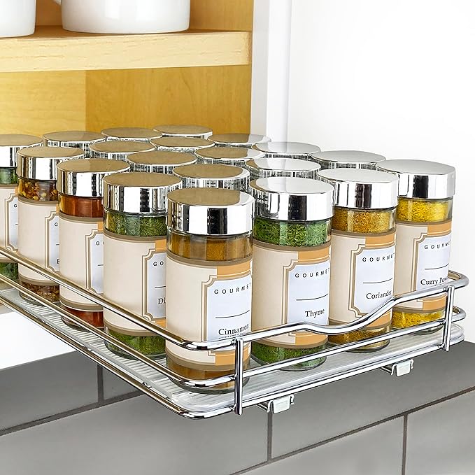 LYNK PROFESSIONAL® Pull Out Spice Organization for Cabinets - 8-3/8 inch Wide – Spice Rack for Inside Cabinets, Slide Out Spice Rack Organizer for cabinet – Pull Out Spice Rack, Sliding 1 Tier Chrome
